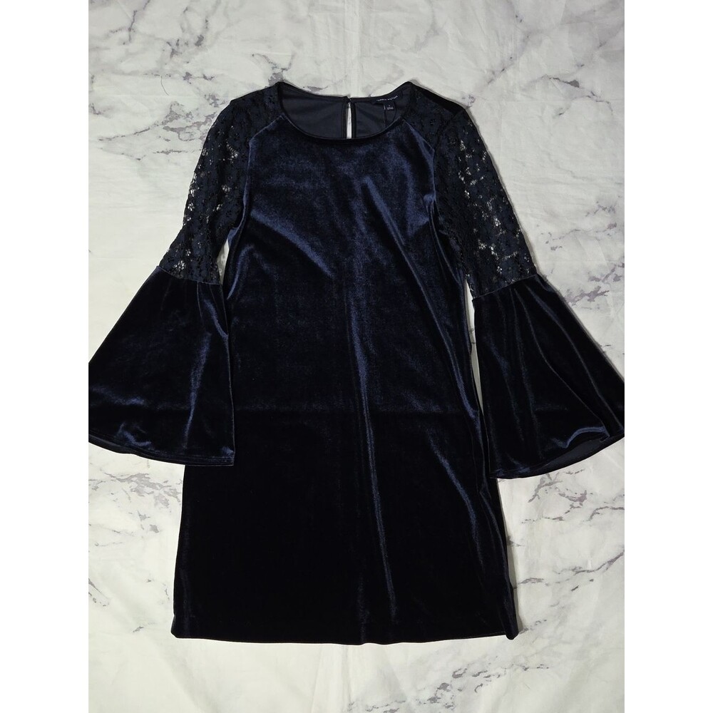 Tommy Hilfiger Navy Velvet Dress With Lace Detail And Bell Sleeves
